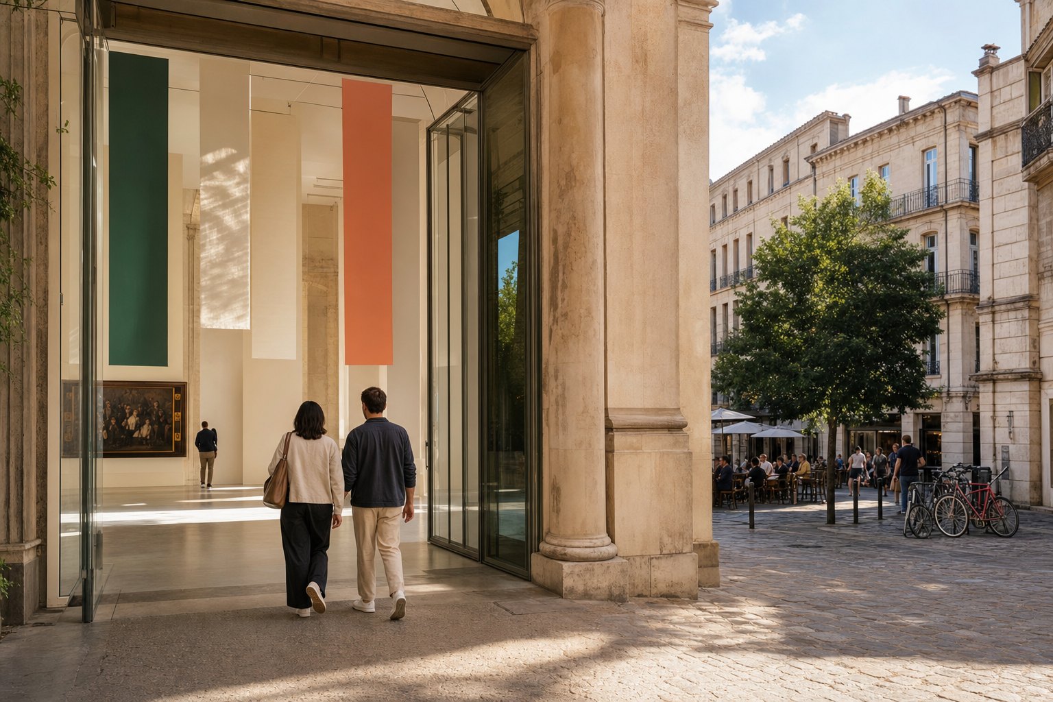 Travelers entering an art museum in a European city