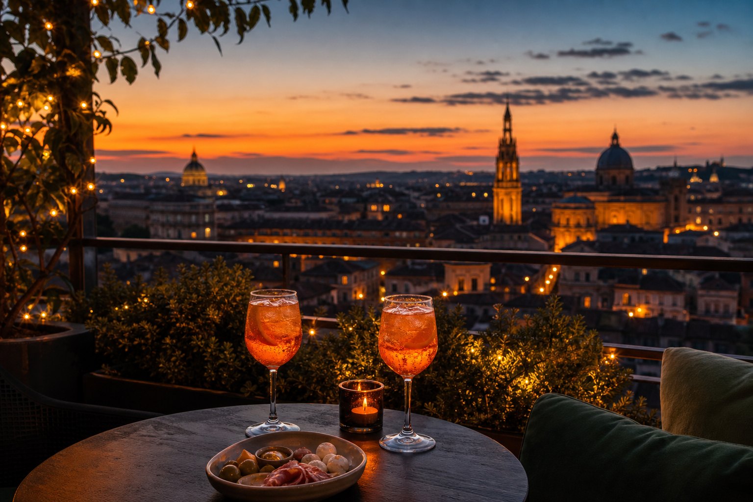 Rooftop drinks with a city view at sunset